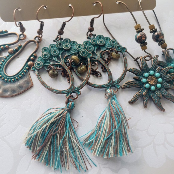 Vintage Boho Folk Charm Earrings Ancient Copper Blue Bohemian 3 Pairs - Picture 4 of 6